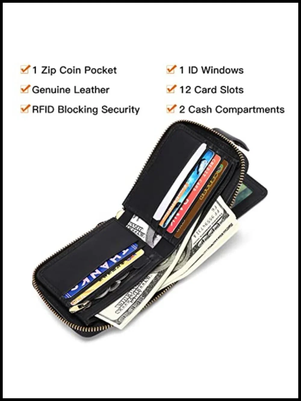 Genuine Leather RFID Blocking Zipper Wallet with Coin Pocket ID Window
